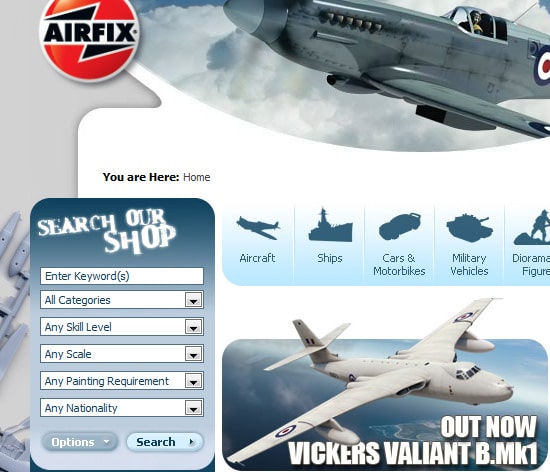 Airfix uses a search box widget that can filter by categories